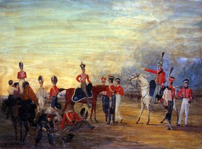En gruppe beredne og afmonterede officerer og mænd fra Yorkshire Yeomanry i forskellige påklædningsrækkefølger, ca. 1820 af English School