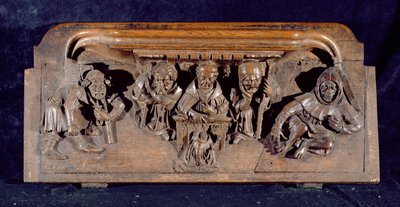 En misericord, der skildrer en akademiker, der sidder ved et panelbord og leverer en formaning til en knælende angrende, New College Chapel, Oxford, slutningen af det 14. århundrede (træ) af English School
