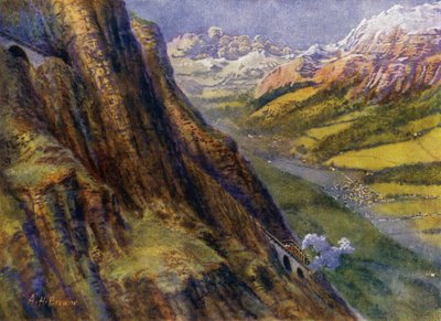 En bjergbane i Schweiz (litho) af English School