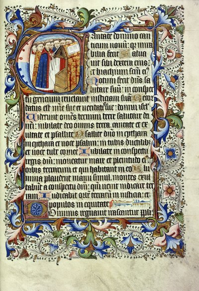 En side fra en psalter på latin, med en historiker forbogstav, der forestiller en gruppe munke, der står foran en talerstol og messer, ca. 1455 af English School