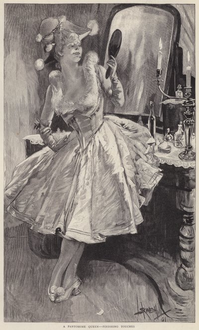 En pantomimedronning lægger sidste hånd på sin make-up (litho) af English School