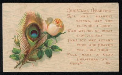 En påfuglefjer og en rose, julehilsenskort. (chromolitho) af English School