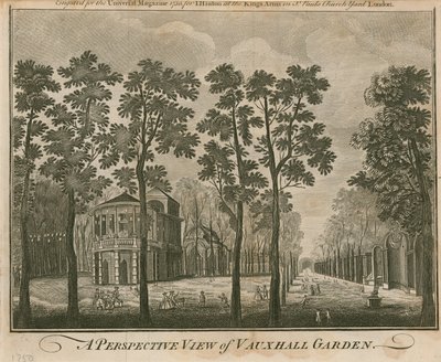 Et perspektivbillede af Vauxhall Garden, London af English School