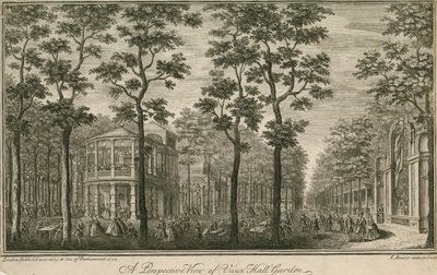 Et perspektivbillede af Vauxhall Gardens, London af English School