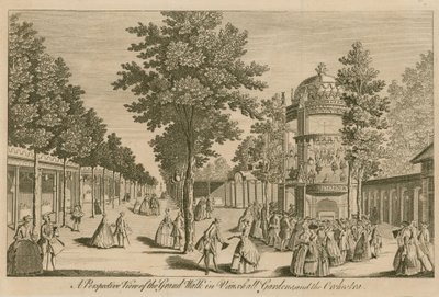 Et perspektivbillede af Grand Walk i Vauxhall Gardens, London og The Orchestra af English School