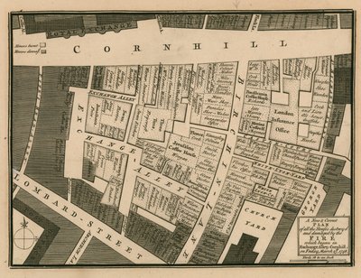 En plan med huse ødelagt i branden, der begyndte i Exchange alley, Cornhill, London, den 25. marts 1748 af English School
