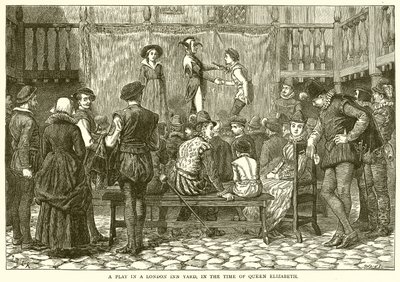 Et skuespil i en London Inn Yard på Dronning Elizabeths tid af English School