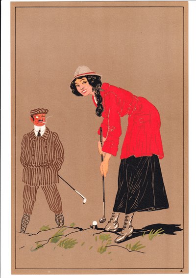 Et print af to golfspillere i komiske og humoristiske stillinger, ca. 1920 af English School
