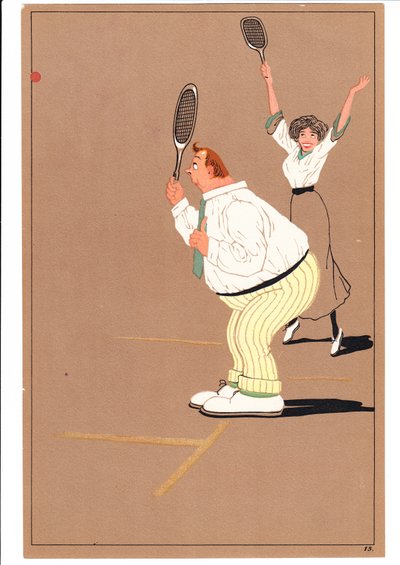 Et print af to tennisspillere i komiske og humoristiske stillinger, ca. 1920 af English School