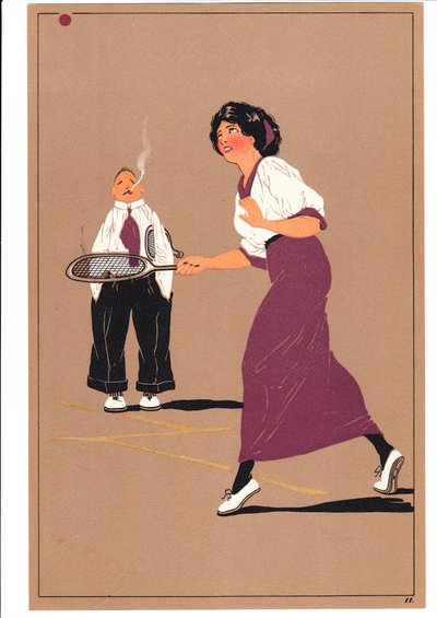Et print af to tennisspillere i komiske og humoristiske stillinger, ca. 1920 af English School