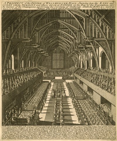 En udsigt til indersiden af Westminster Hall, der viser, hvordan kongen og dronningen sammen med adelen og andre sad til middag på kroningsdagen af English School
