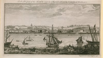 En udsigt til byen og HIs Majestys værft i Woolwich af English School