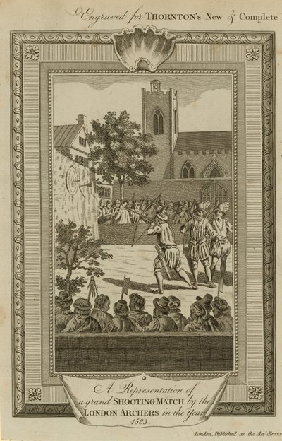 En repræsentation af en storslået skydekamp af Londons bueskytter i år 1583 af English School