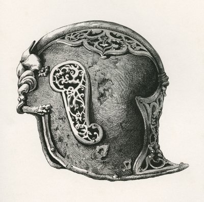En sallet, alias salade eller schaller krigshjelm, A.D. 1450, fra The British Army: Its Origins, Progress and Equipment, udgivet 1868. af English School