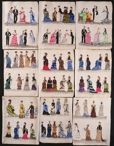 Et udvalg af victoriansk mode, herunder balsal og gåkjoler, ca. 1876 (wc på papir) af English School