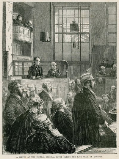 En skitse ved Central Criminal Court under den sene retssag mod OConnor af English School
