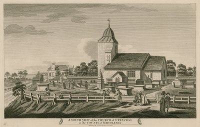 En sydlig udsigt over Church of St Pancras, London, i grevskabet Middlesex af English School