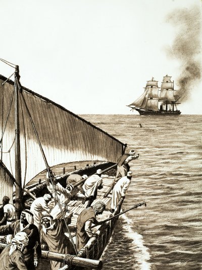 Et dampskib i horisonten, en arabisk dhow i forgrunden af English School