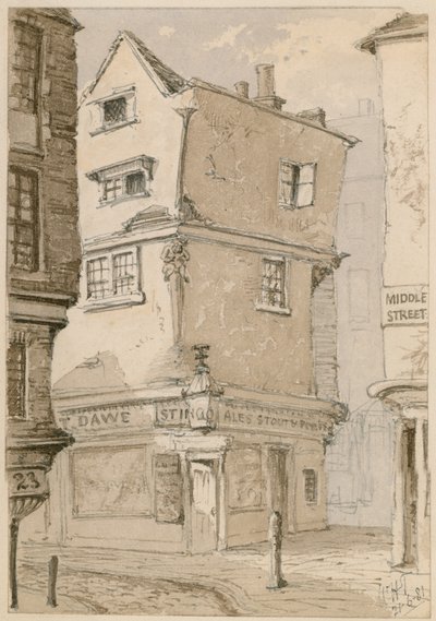 Et gadehjørne i Cloth Fair, Smithfield, London, akvarelskitse, 1881 (wc på papir) af English School