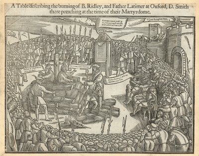 En tabel, der beskriver afbrændingen af biskop Ridley og Fader Latimer i Oxford af English School