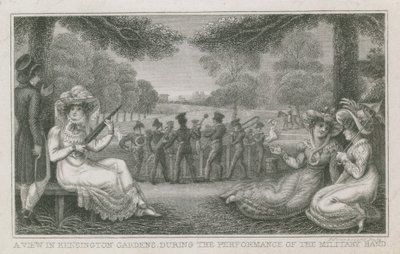 En udsigt i Kensington Gardens, London, under optræden af militærorkestret af English School