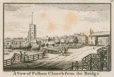 En udsigt over Fulham Church, London, fra Fulham Bridge af English School