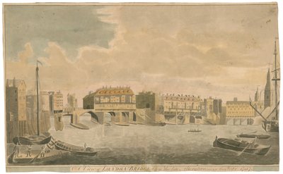 En udsigt over Old London Bridge før ændringer, som i 1757 af English School