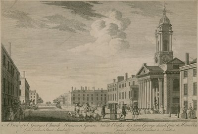 En udsigt over St Georges Church, Hanover Square, fra Conduit Street, London af English School