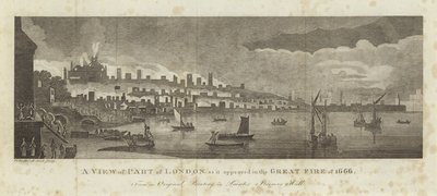 En udsigt over en del af London, som den så ud i den store brand i 1666 af English School