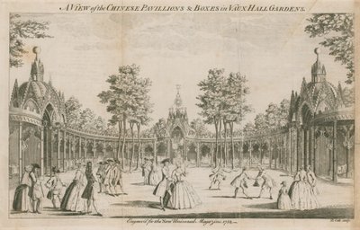 En udsigt over de kinesiske pavilloner og kasser i Vauxhall Gardens, London af English School