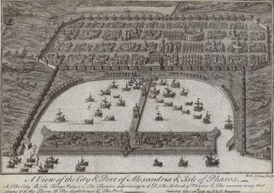 En udsigt over byen og havnen i Alexandria og Isle of Pharos, Egypten, 1738 af English School