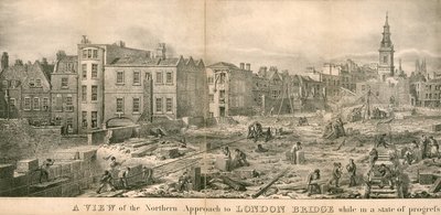 En udsigt over den nordlige tilgang til London Bridge, mens den er i fremskridt af English School