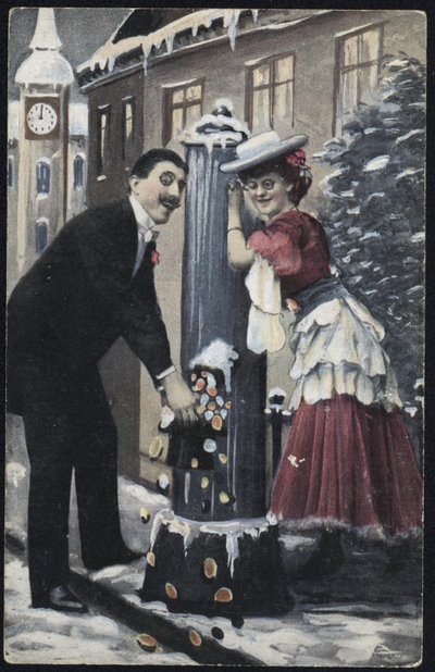 Et velklædt par afbildede grinende af English School