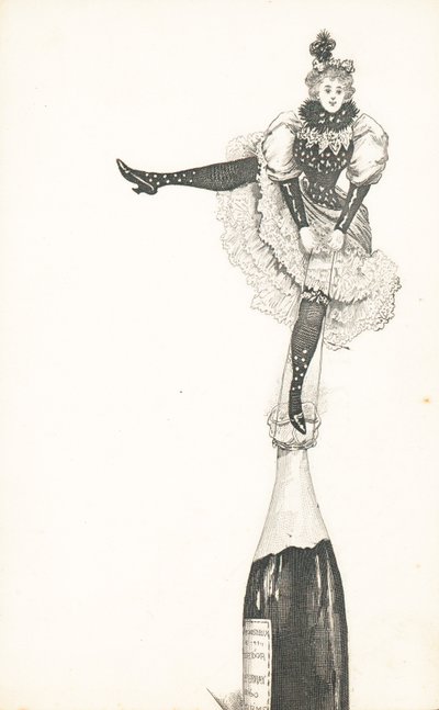 En kvinde stående på toppen af en champagneflaske af English School