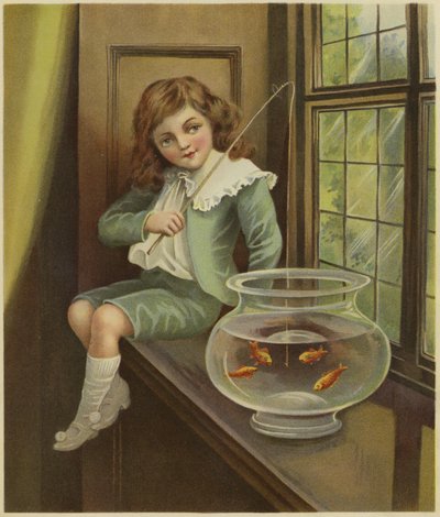 En ung dreng dingler en fiskestang i en skål med guldfisk af English School
