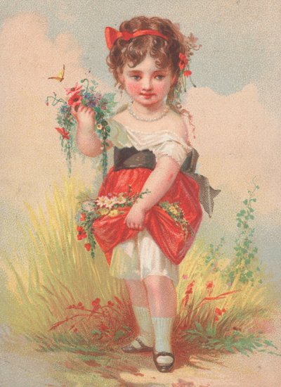 En ung pige samler vilde blomster af English School