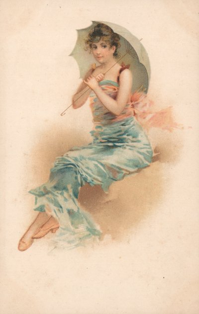 En ung kvinde i ly under en parasol af English School