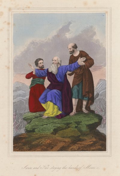 Aron og Hur holder Moses i hånden (koloreret gravering) af English School