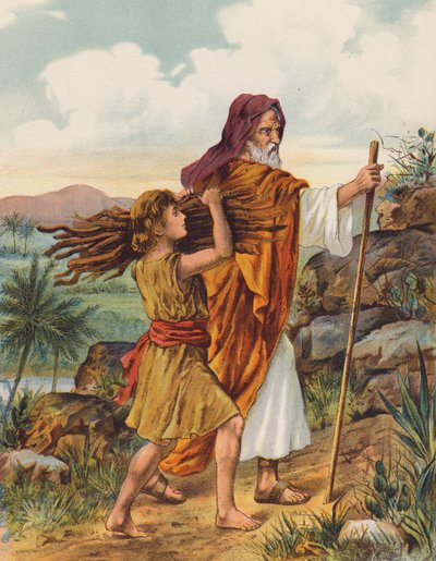 Abraham og Isak på vej op ad Moriah-bjerget (farvelitografi) af English School