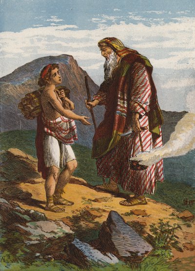 Abraham ofrer Isak (farve litho) af English School