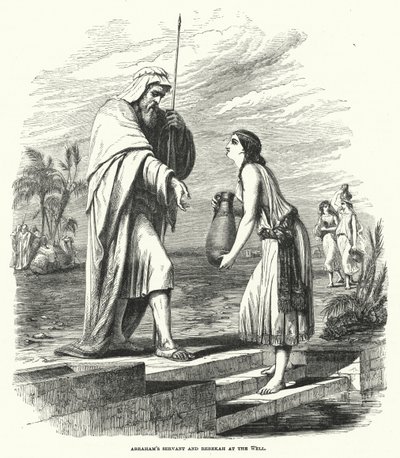 Abrahams tjener og Rebekka ved brønden (gravering) af English School