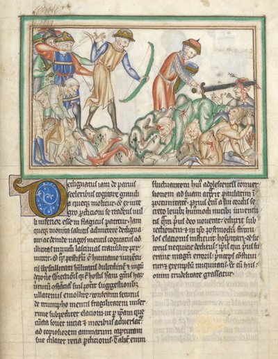 Tilføj 35166 f.35 Mennesker bliver dræbt, bibelske scener fra Johannes-apokalypsen, apokalypse på latin med kommentarer (blæk og farve på pergament) af English School