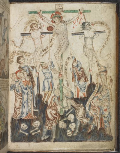 Tilføje. 47682, f.32, The Crucifixion, fra Holkham Bible Picture Book, c.1320-30 (vellum) af English School