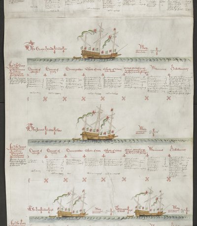 Tilføj MS 22047 f.6r Galeasses: The Greyhound, The Jennet, The Lion and The Dragon, fra 