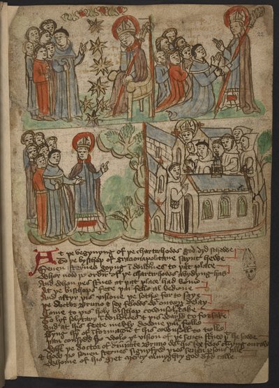 Tilføj MS 37049, f.22 The Carthusian Miscellany (religiøs prosa og vers) på nordengelsk, inklusive et indbegreb (resumé) af Mandevilles rejser (blæk og farve på papir) af English School