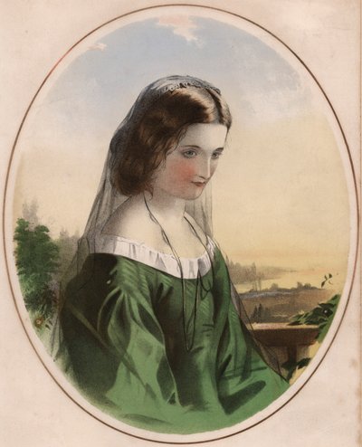 Adele - trist udseende pige i grøn kjole, iført sort slør (farve litho) af English School
