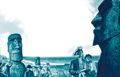 Admiral Roggeveen ser på Påskeøens statuer påskedag, 1722 af English School