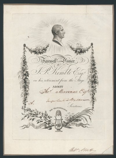 Adgangsbillet til middag for at fejre John Kembles farvel til scenen, 1819 af English School