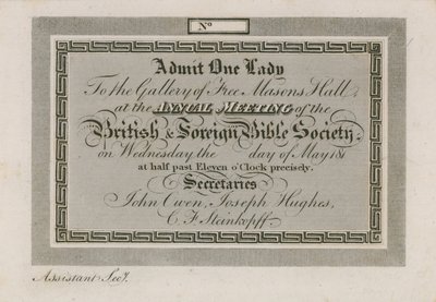 Adgangsbillet til det årlige udenlandske bibelselskab i Frimurersalen af English School