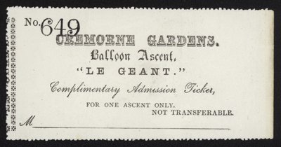 Adgangsbillet til bestigning af ballonen Le Geant fra Cremorne Gardens, London af English School